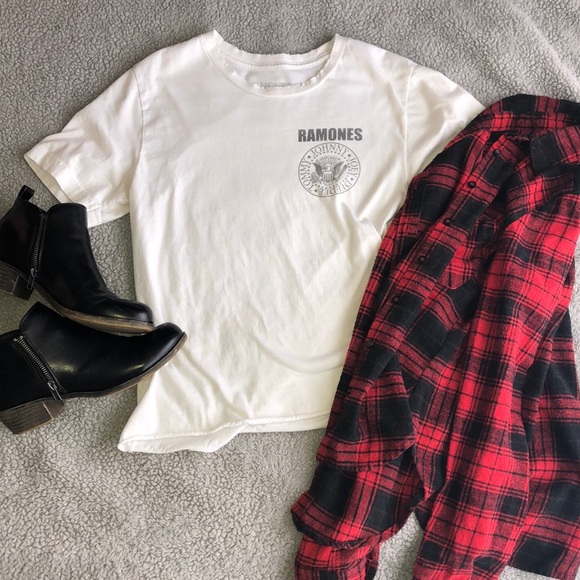 American Eagle Outfitters Tops - Red Flannel & Ramones white T-shirt bundle!!🍃